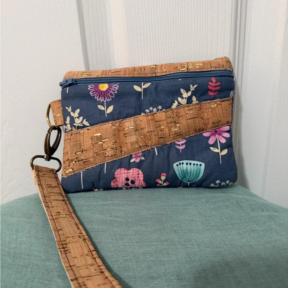 Floral Navy Cork Accent Wristlet Clutch Handmade